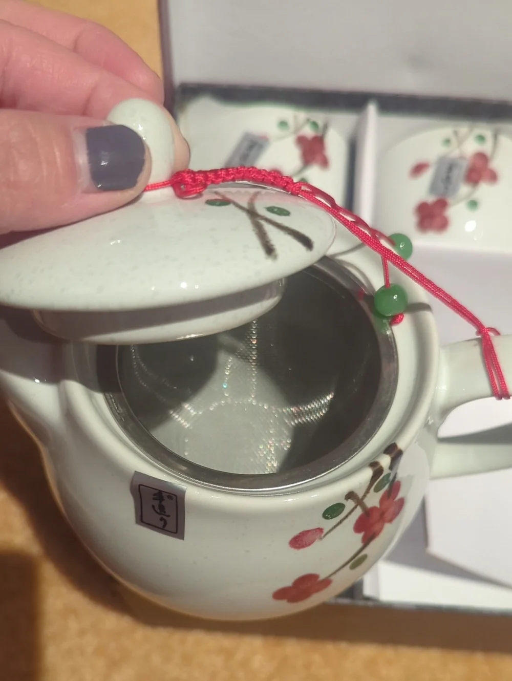 Ceramic White Teapot and Cup Set with Red Floral Accents